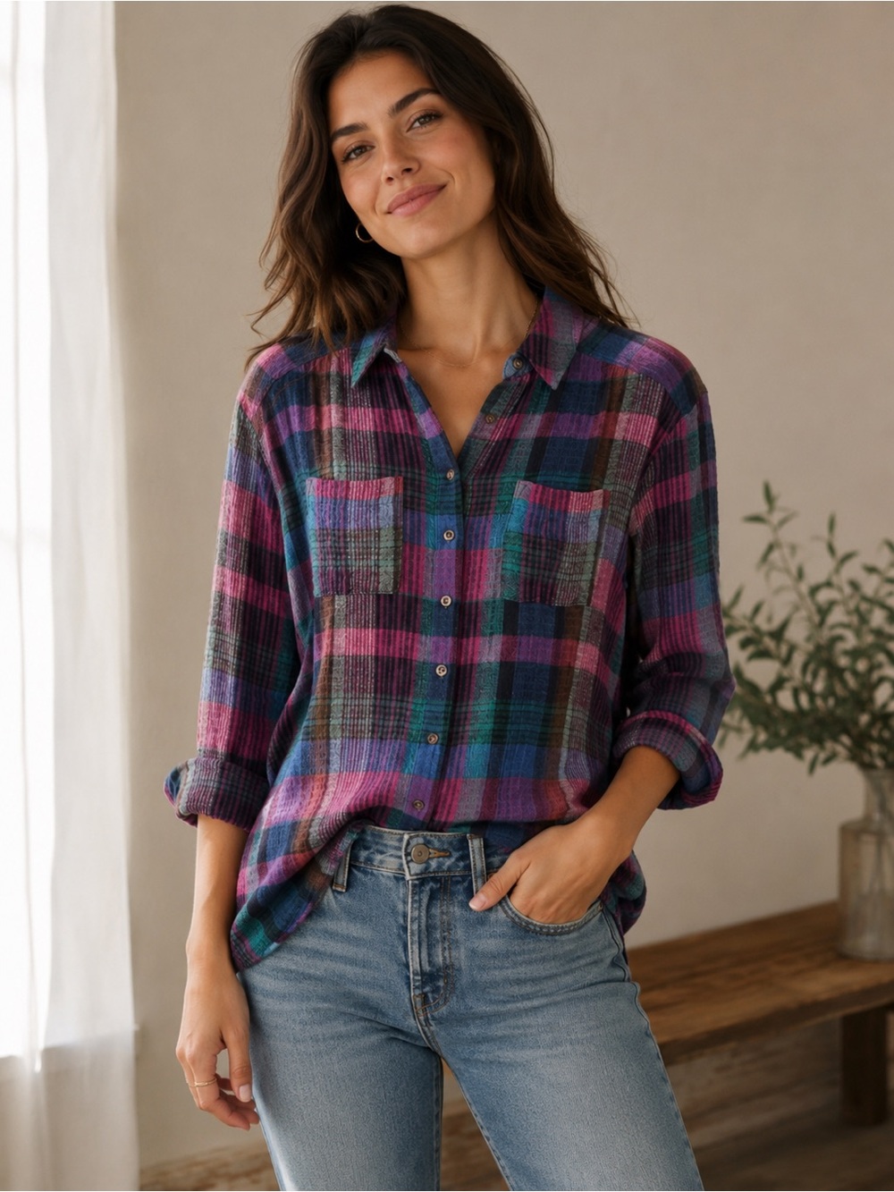 Pilcro Plaid Shirt in Pink, Teal & Navy